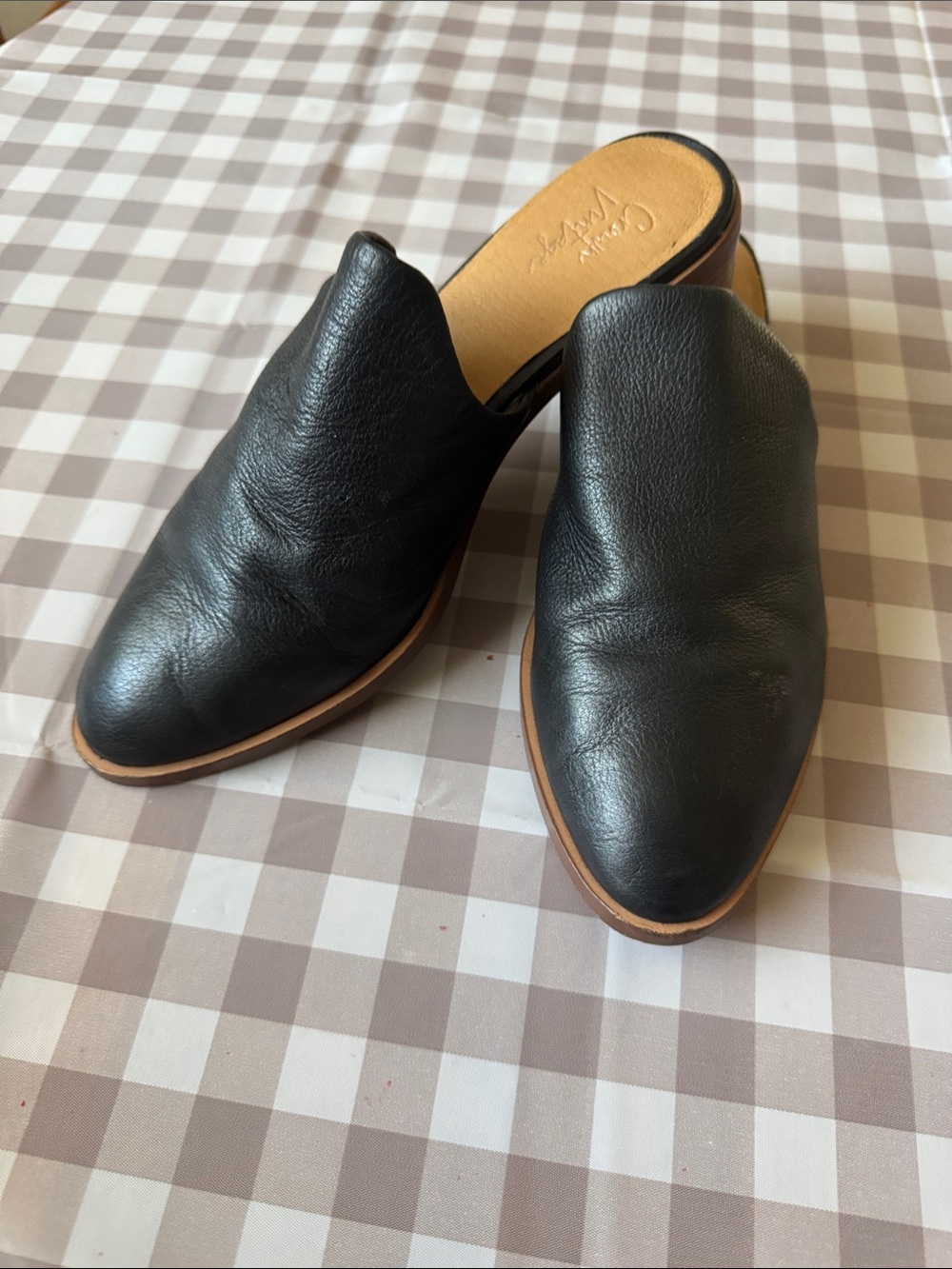 Crown Vintage Black Leather Slip-On Mules with Tan Trim